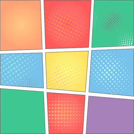 colorful template of comic book page with rays, stars, dots, halftone backgroundのイラスト素材