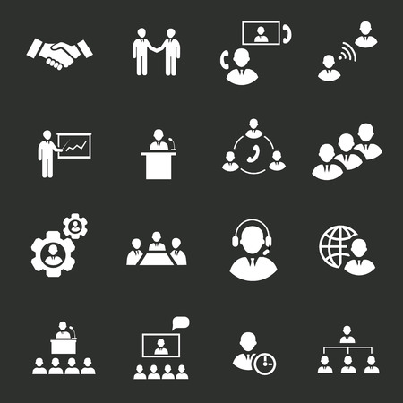 Business people online meeting strategic pictograms set of presentation online conference and teamwork isolated vector illustrationのイラスト素材