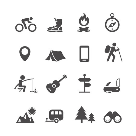 Vector icons forest camping set with compass guitar tent fisherman bonfire knife trailer Vector icons forest camping set with compass guitar tent fisherman bonfire knife trailer