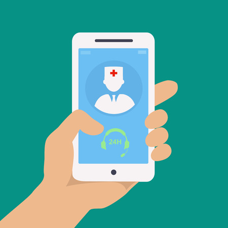 Vecto flat concept web design of hand holding mobile phone with medical assistance and doctor consultation online iconのイラスト素材