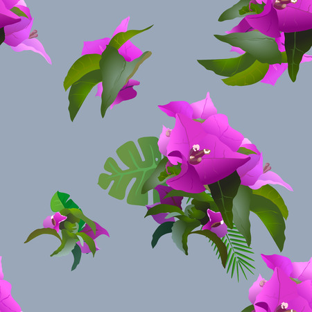 tropical exotic flowers and plants  seamless patternのイラスト素材