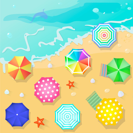 Summer beach in flat design style. Shell and towel, starfish and summertime, relaxation summer tourism,  vector illustrationのイラスト素材
