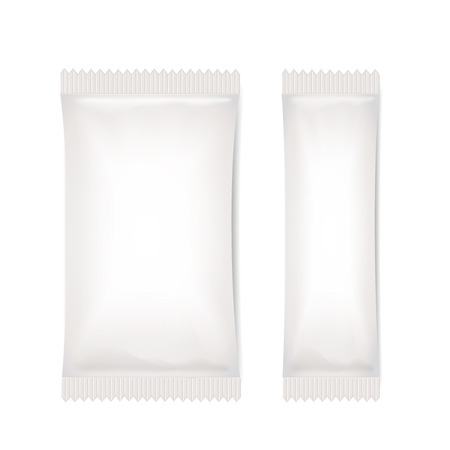 Two White Blank Foil Packaging Sachet Coffee, Salt, Sugar, Pepper Or Spices Stick Plastic Pack Ready For Your Design. Snack Product Packingのイラスト素材