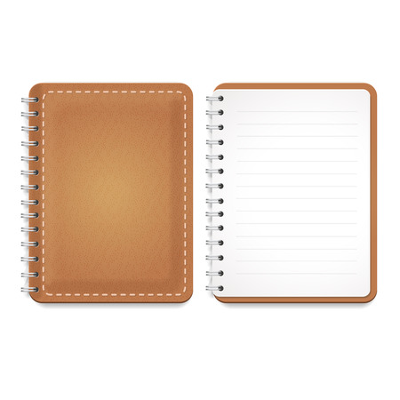 Illustration of a leather notebook with spiral, opened notepad with blank lined paper and front cover.  のイラスト素材