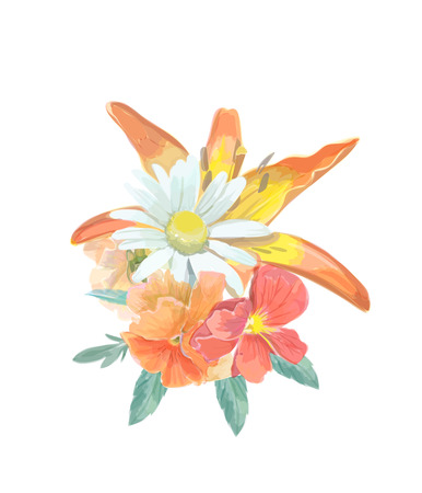Watercolor Bouquet greeting card with lily and camomile,  for  invitation or wedding, birthday and other holiday ,  summer background. Vector illustration.のイラスト素材
