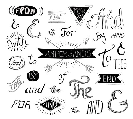 Vintage style hand lettered  ampersands and catchwords for label designs on white.のイラスト素材