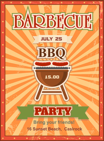 Invitation card on the barbecue design template. Cookout poster design with charcoal grill sausages on forks and sample text.の写真素材