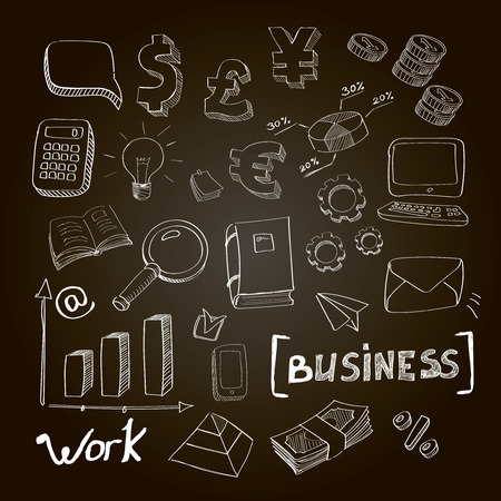 Hand drawn vector illustration set of business planning doodles elements.  Isolated on a chalckboardのイラスト素材