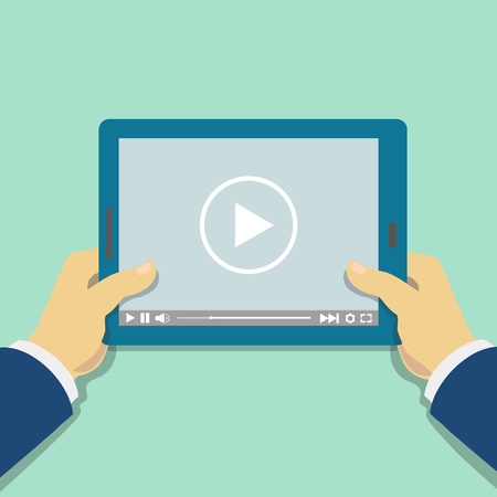 Human hand holds tablet computer with video playerのイラスト素材