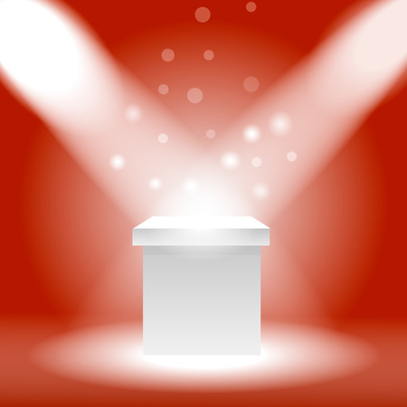 Single empty pedestal or column under the rays projectors on red backgroundのイラスト素材
