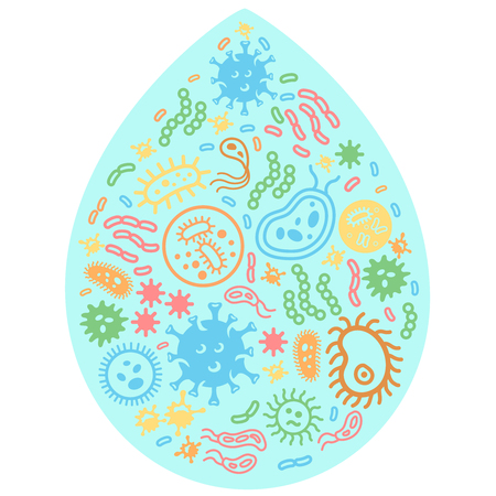 Bacteria and virus icons in a water dropのイラスト素材