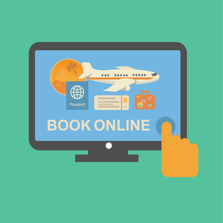 Online travel tickets booking service  with plane silhouette, passport and bag  on its screen. Vectorのイラスト素材