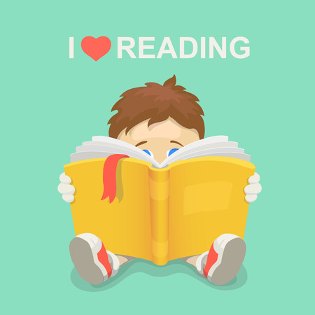Boy with a book. I love reading. Literacy Day. Vector illustrationのイラスト素材