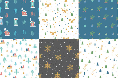 Collection of hand drawn winter holidays seamless patterns with Christmas trees, stripes, snowflakes, bows, gift boxes and sled vectorのイラスト素材