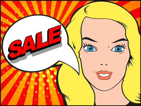 Comics style woman with SALE bubble. Pop art advertising poster, illustrationのイラスト素材