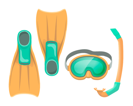 Colorful illustration of diving mask, snorkel flippers on white isolation background. Swimming equipmentのイラスト素材