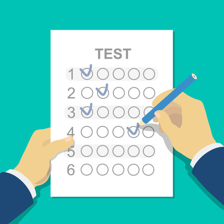 Answers to exam test answer sheet with pencil and student hand. Flat style vector illustration isolated on white background.のイラスト素材