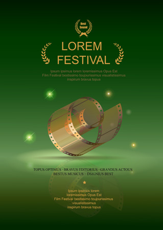 Camera film 35 mm roll gold, festival movie poster,  green background, Slide films frame.のイラスト素材