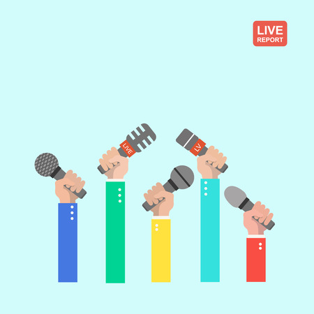 live report concept, live news, hands of journalists with microphones on press conference or interview,の写真素材
