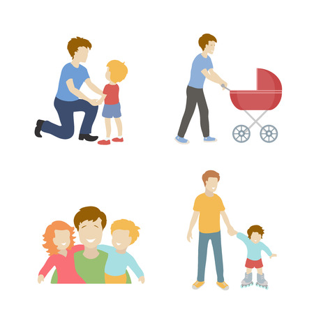 Fatherhood  color flat icons set with father playing with children  vector illustration.のイラスト素材