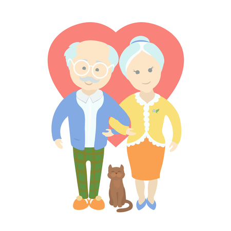 Happy cute old couple - Grandma and Grandpa standing full length smiling, elderly senior age marriedsのイラスト素材