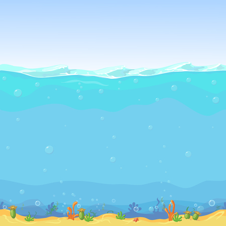 Underwater seamless landscape,  cartoon background for game design. Sea water, nature ocean wave illustrationのイラスト素材