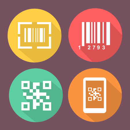 Bar and Qr code icons.  Smartphone symbols with Scan barcode. Circle flat colored buttons with icon.のイラスト素材