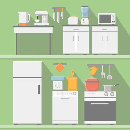 Flat kitchen with cooking tools, equipment and furniture. Refrigerator and microwave, toaster and cooker, blender illustrationの写真素材