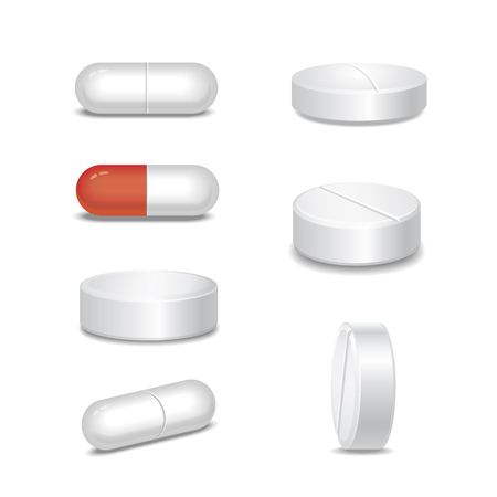 Set of white medical pills in different positions isolated on white background. illustrationの写真素材