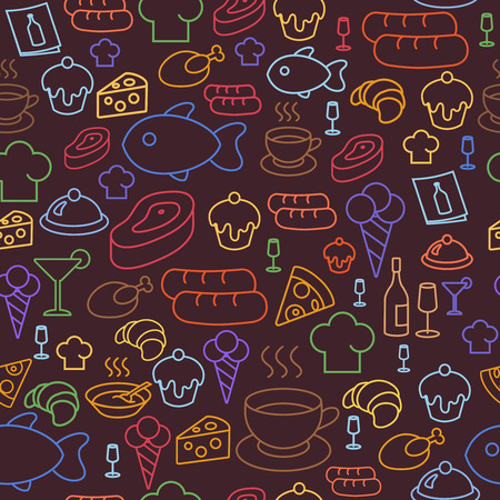background with colored line icons of restaurant and fast food like coffee, pizza, sausage and ice cream. Seamless pattern.のイラスト素材