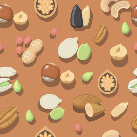 Vector seamless pattern nuts hazelnut, almonds, peanuts, walnut cashew or pistachios, coconut and pecanのイラスト素材