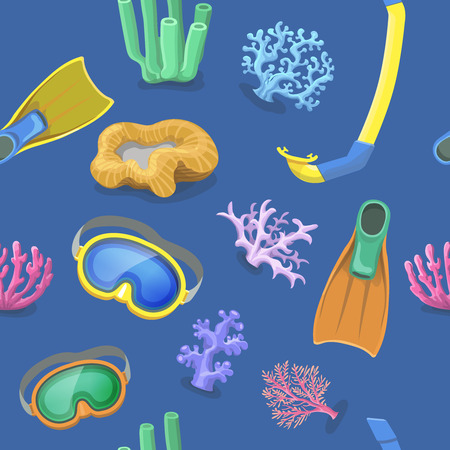 seamless color pattern for diving theme with mask, tube, corals and color flippersのイラスト素材