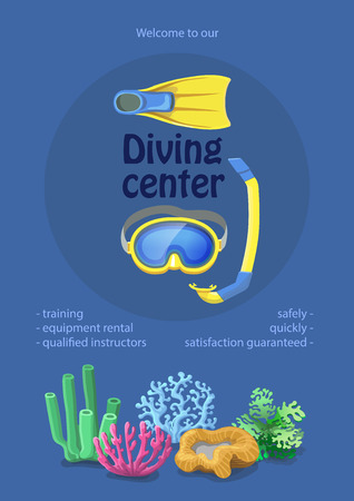 Dive center design. diving mask, snorkel flippers on blue background. Swimming equipmentのイラスト素材