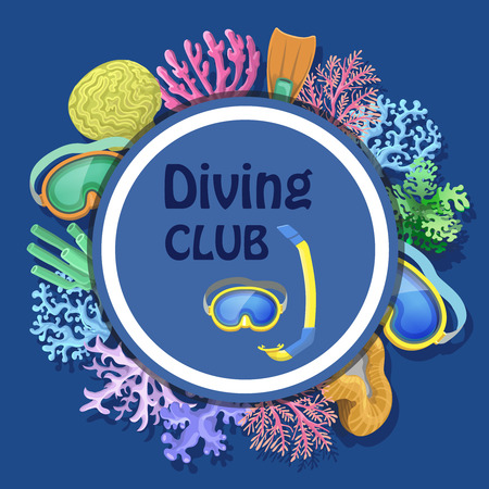 Diving club advertising with round decorative frame with mask, tube, corals illustrationのイラスト素材