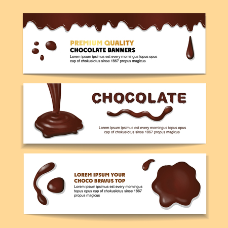 Delicious dark premium chocolate splashes and shiny drops banners set realistic isolated illustrationのイラスト素材