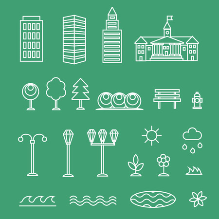 linear landscape icons line style - trees, flowers, cloudsの写真素材