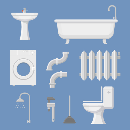 Vector Pipeline plumbing, heater system and Plumber service tools icons set vector illustrationのイラスト素材