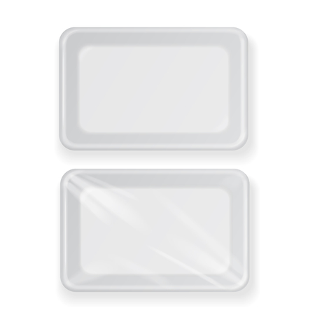 White empty plastic container for food. Packaging for meat, fish and vegetablesのイラスト素材