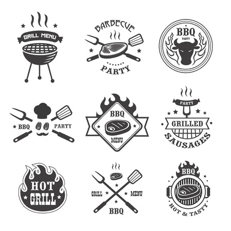 Barbecue and grill labels set. BBQ emblems and badges collection. Grill tongs forks spatulas roasted meat or sausage menu design elements.のイラスト素材