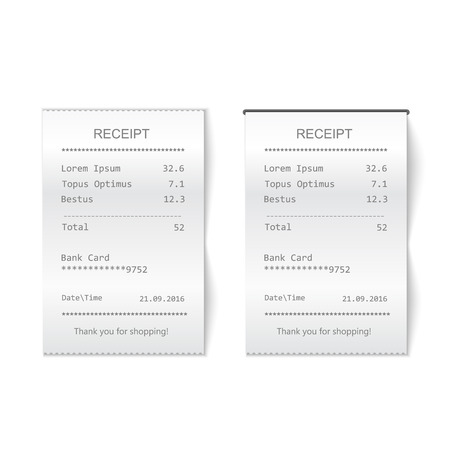 sales printed receipt. Bill atm template, cafe or restaurant paper financial checkのイラスト素材