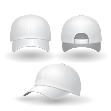 Realistic white baseball cap set. Back front and side view isolated on white background illustrationのイラスト素材