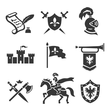 Knight medieval history icons set. Middle ages warrior weapons. Sword, shield and castleの写真素材