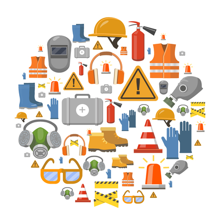 Safety work flat vector icons round background vector illustration with workwear helmet, gloves, extinguisherのイラスト素材