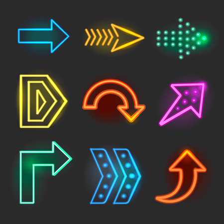 Neon realistic arrows signs, pointer set showing direction vector illustrationNeon arrowsのイラスト素材