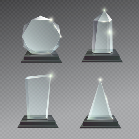 Empty glass trophy awards vector set. Glossy transparent realistic reward for winner and champion illustrationのイラスト素材