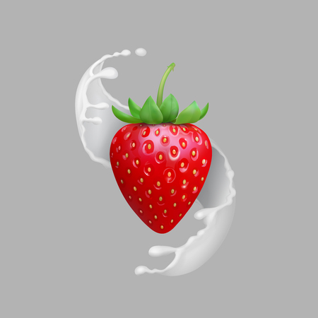 Milk splash and strawberry realistic natural fruit productsのイラスト素材