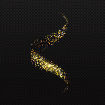 Spiral stream of sparkling glitters confetti. Glowing trail of golden particles on black transparent backgroundのイラスト素材
