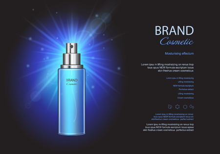 Cosmetic ads, blue spray bottles mockup on dark luxury background, vector poster with moisturizing premium product,のイラスト素材