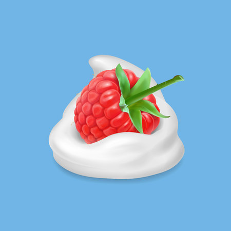 Raspberry and whipped cream. Yogurt and fruit realistic 3d illustration. Vector iconのイラスト素材