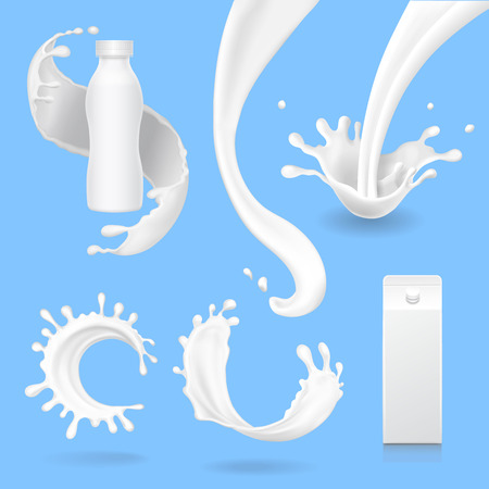 Milk splash and pouring set vector 3d illustration.のイラスト素材